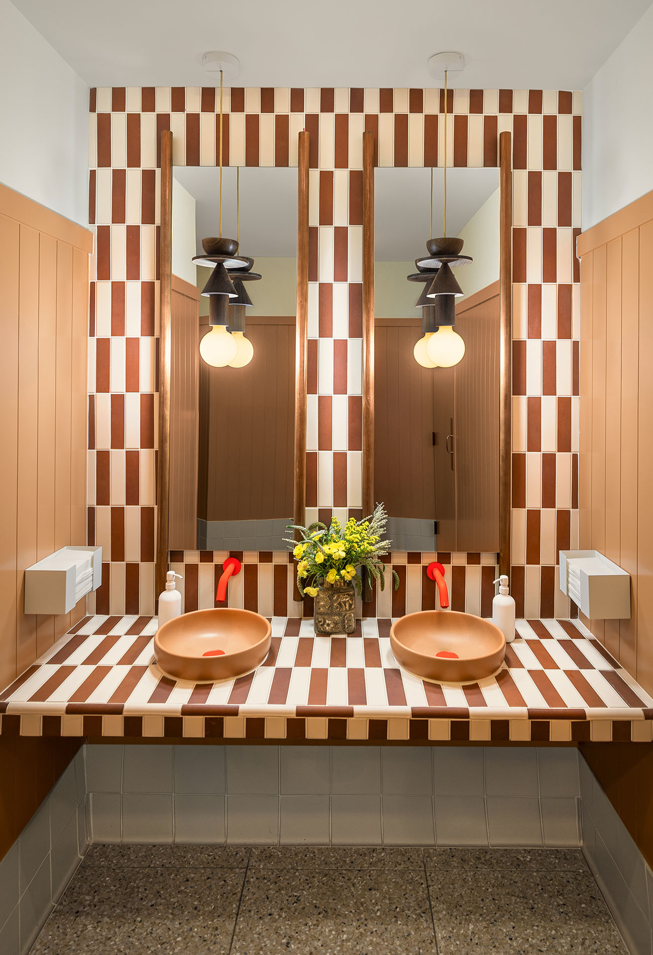 Interior design by Workind Studio for the women's restroom inside Lana restaurant in Solana Beach, California.
