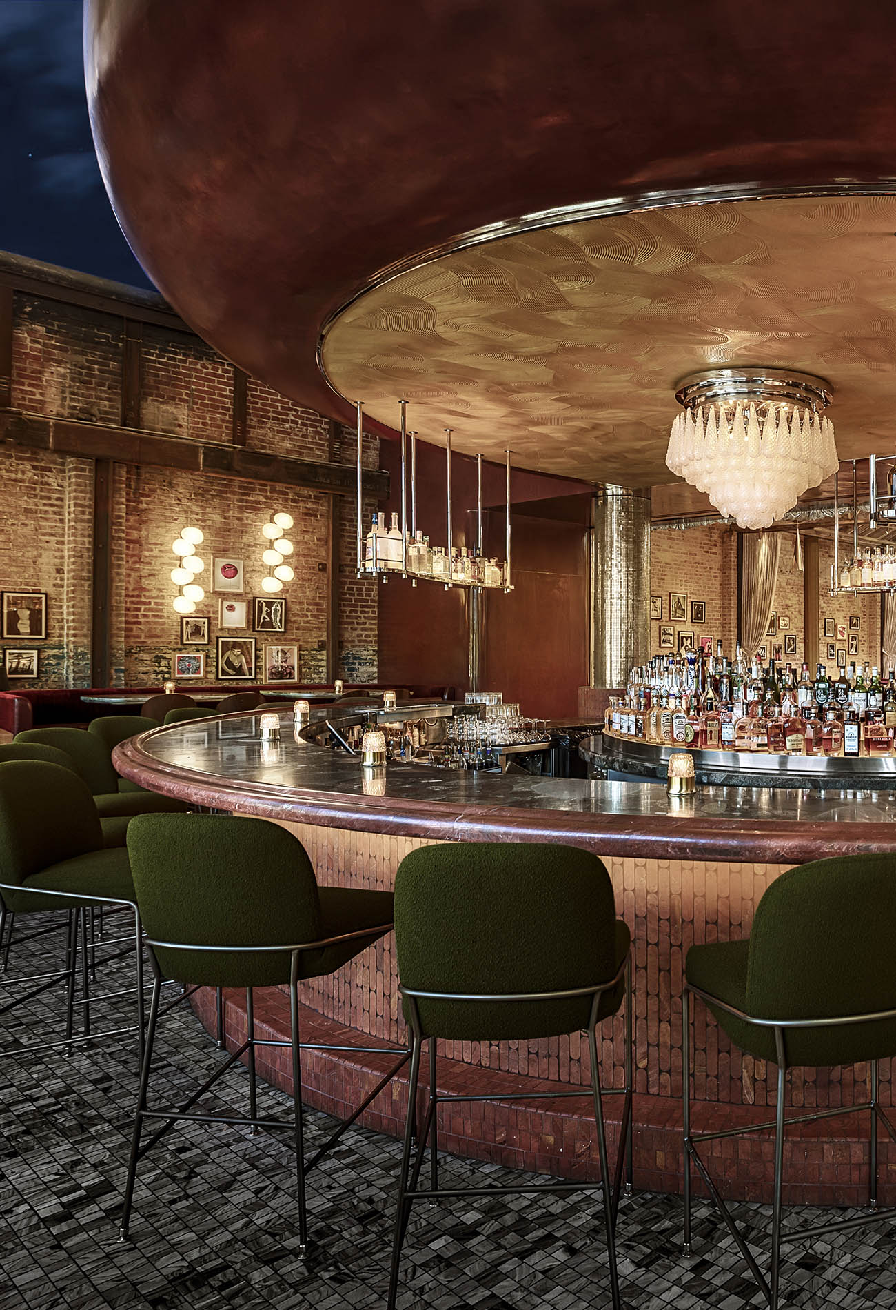 Workind Studio stone radius bar for Le Coq restaurant in La Jolla, California.