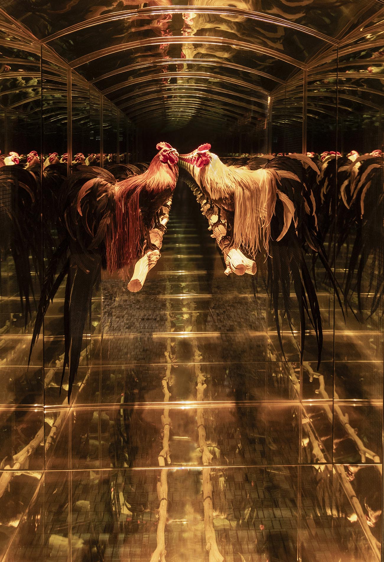Workind Studio art installation at restaurant Le Coq in La Jolla, California featuring two taxidermy roosters facing each other in a mirrored room, creating an infinity effect.