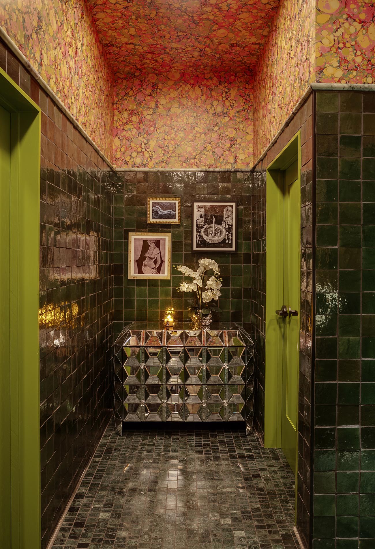 Workind Studio designed men's restroom interior at restaurant Le Coq in La Jolla, California.